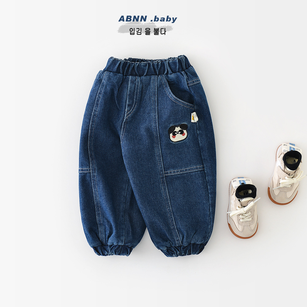 宝宝秋冬裤子新生儿韩版熊猫刺绣儿童外穿水洗牛仔加绒长裤55857