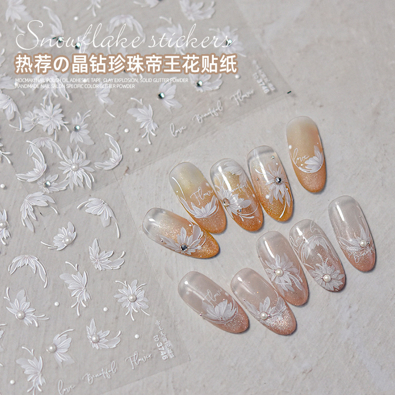Arte de uñas Diamante de cristal japonés Perla Emperador Flor de boda Armadura tridimensional Decoración de uñas Flor suave Pegatina de patrón francés