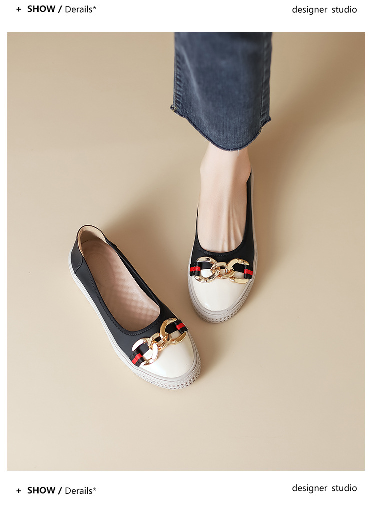 Metal Buckle Loafers 2023 New Versatile Lazy Shoes Comfortable Round Toe Shallow Mouth Thick Sole Slip-On Shoes For Women_voghion.com