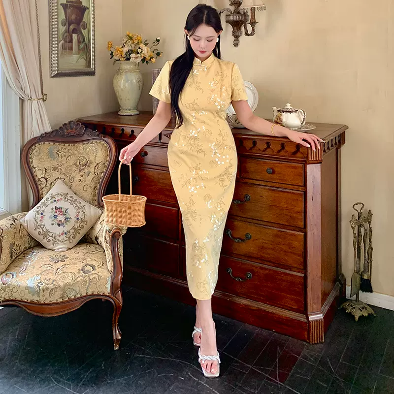 大码女装高级感法式复古短袖连衣裙气质优雅包臀裙2090