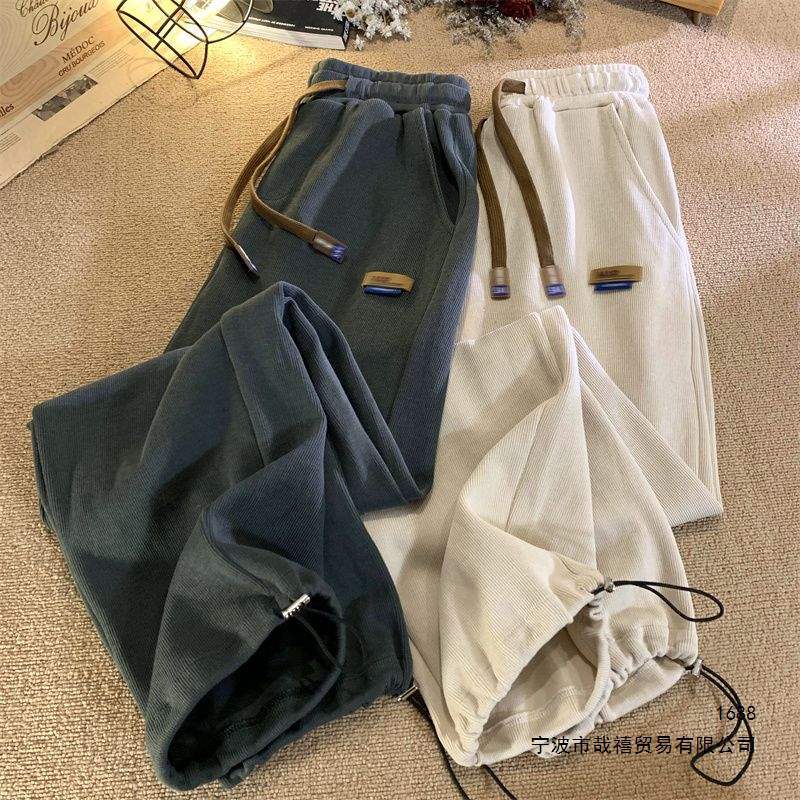 American-style casual corduroy trousers for men, high street fashion brand, drawstring cuff sweatpants, autumn and winter straight leg athletic pants.
