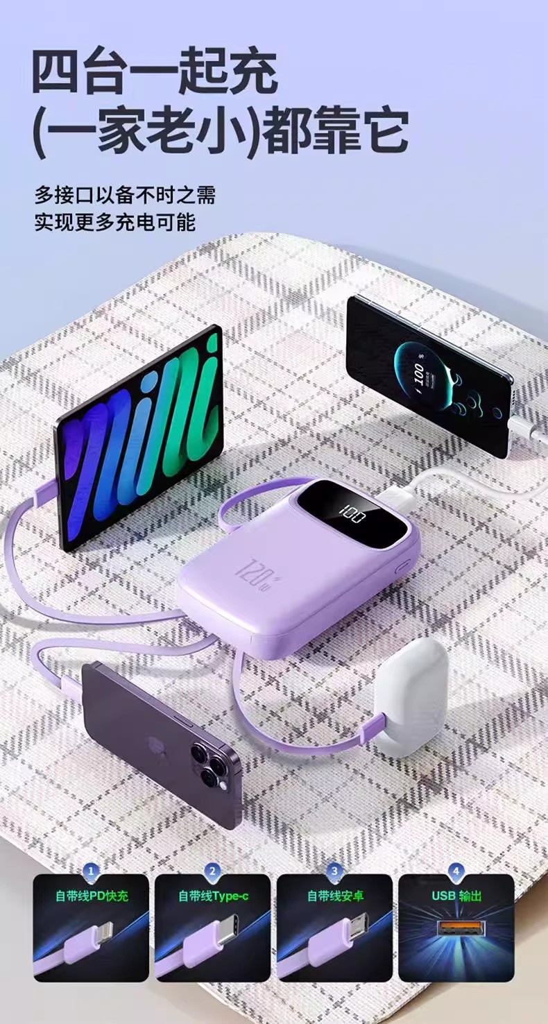 Powerbank Mini Hochleistung 20000mAh 3C-Zertifiziert Ultra-Schnellladestation Powerbank mit integriertem Kabel Mobiler Stromspeicher