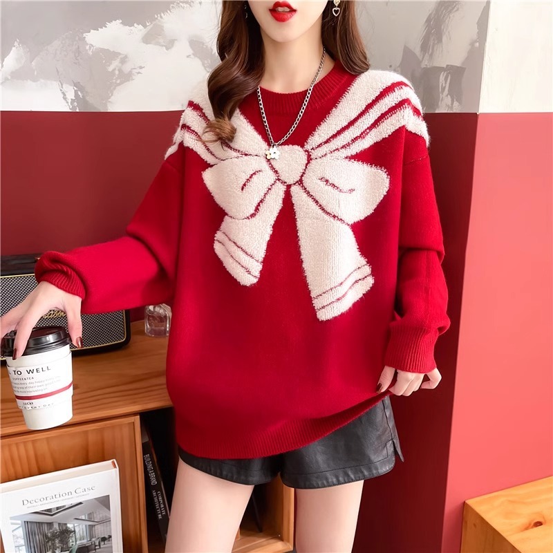 Red sweater for women's zodiac year autumn and winter loose 2025 new thickened fashionable loose knitted base shirt