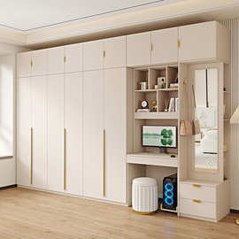 3Y奶油风衣柜家用带穿衣镜电脑桌梳妆台一体组合卧室柜子储物大衣