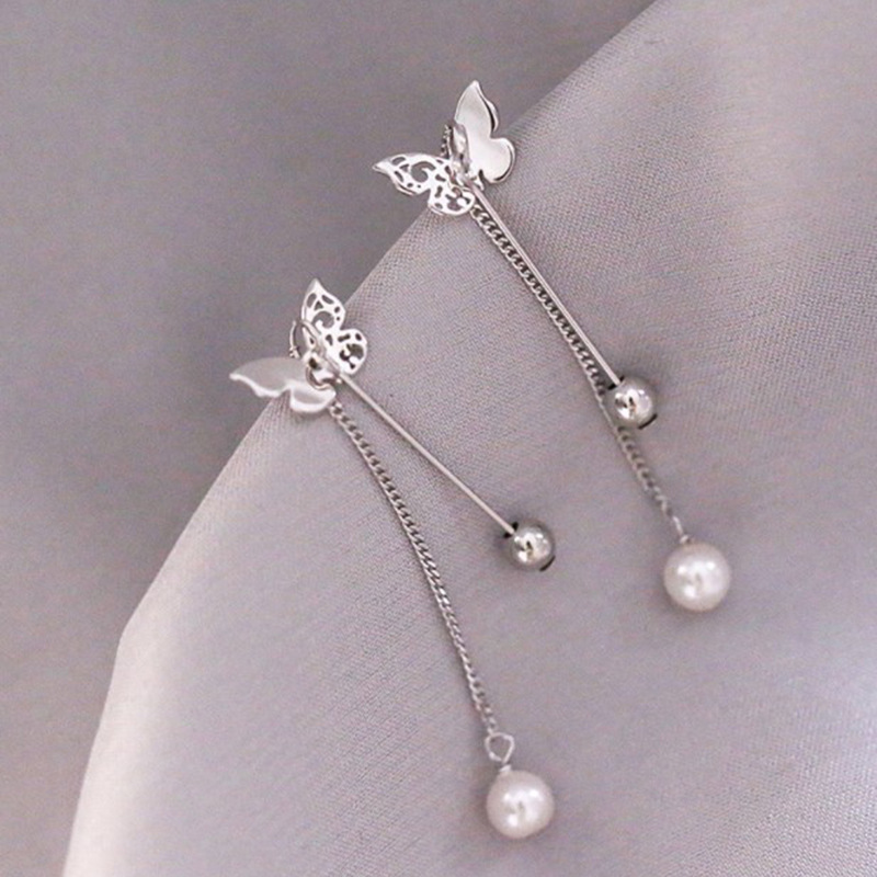 925 plata esterlina modificada cara oreja de plata esterlina línea chica mariposa borla perla pendientes temperamento pendientes largos