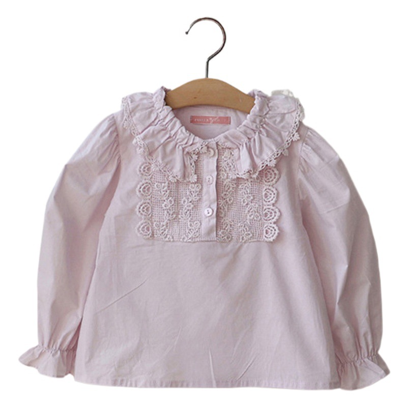 Primavera 2024 fresa Shan Corea del Sur niñas y niños algodón elegante arrugado collar camisa de encaje preventa