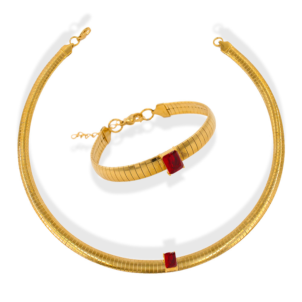 Retro Square Stainless Steel Inlay Zircon Bracelets Necklace 1 Piece