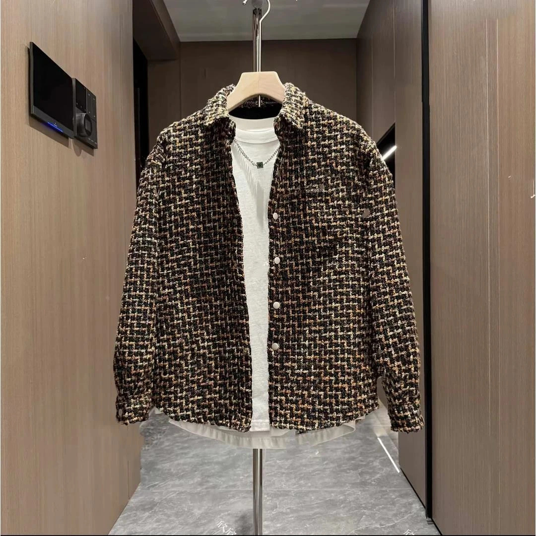 Chanel-Style Plaid Lapel Shirt Jacket for Men, Autumn Korean Version Casual Woven Top, Couple's Trendy Loose Jacket