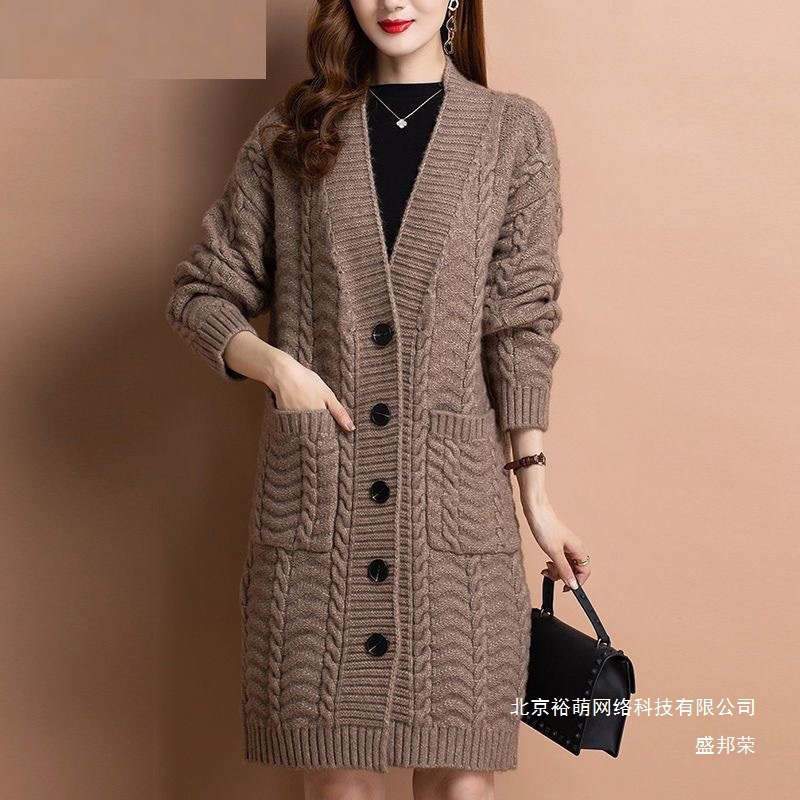 Factory Direct Sales Large Size Thick Woolen Over-The-Knee Thickeneded Knitwear Autumn and Winter Knitwear Jacket Women's Cardigan Mid-Length Hooded