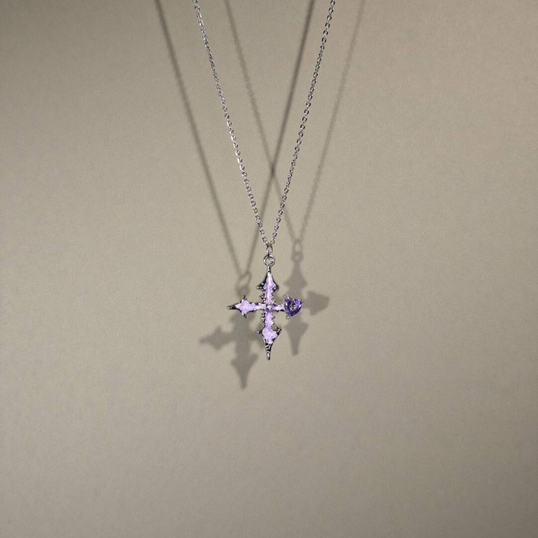 暗黑系爆闪紫色十字架锆石项链复古朋克风y2k辣妹锁骨链批发