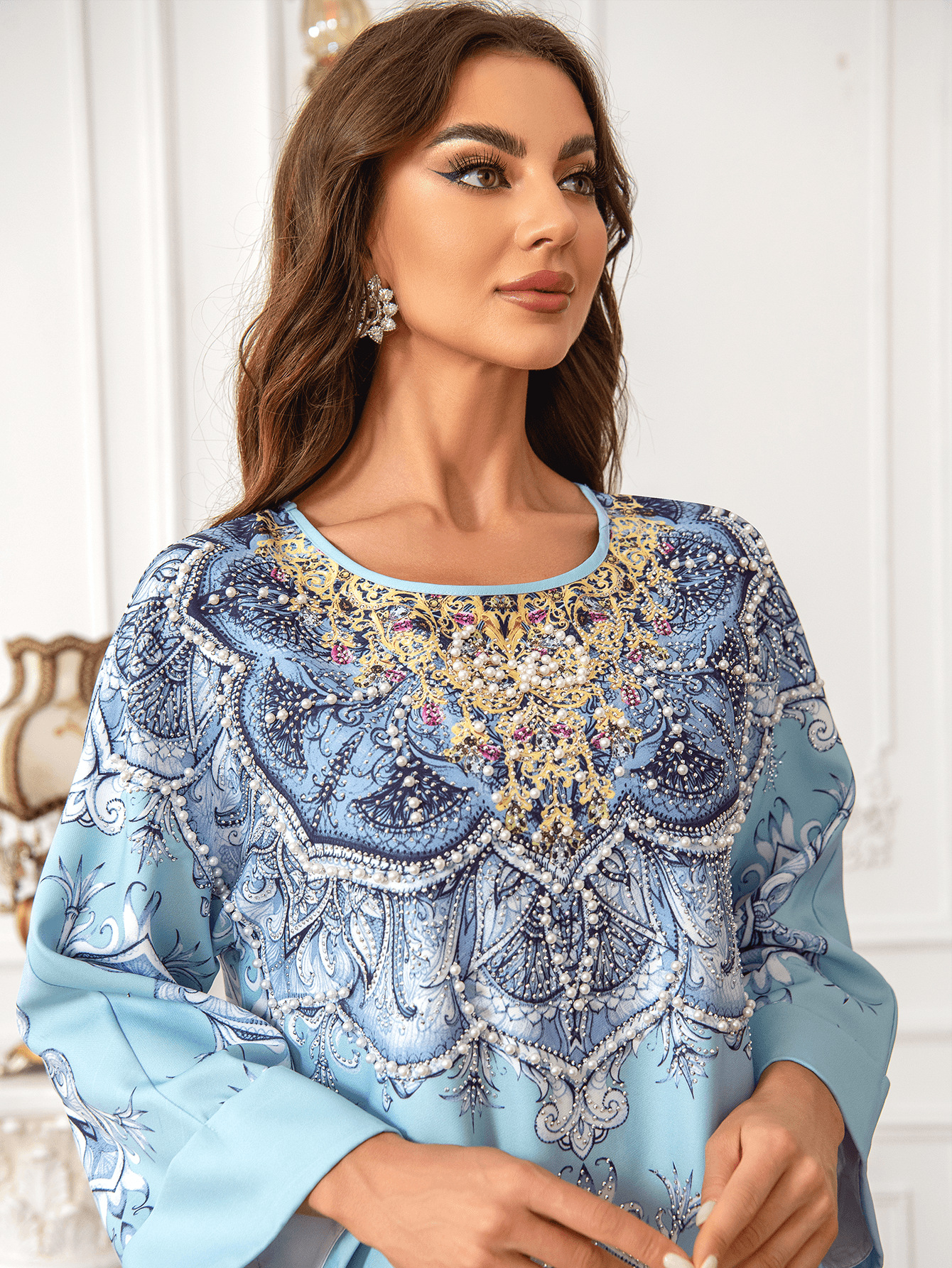 ZD024 Middle Eastern And European Cross-border Foreign Trade Muslim Printed Robe Abaya Beaded Round-neck Dress Gown_ecoleips.com
