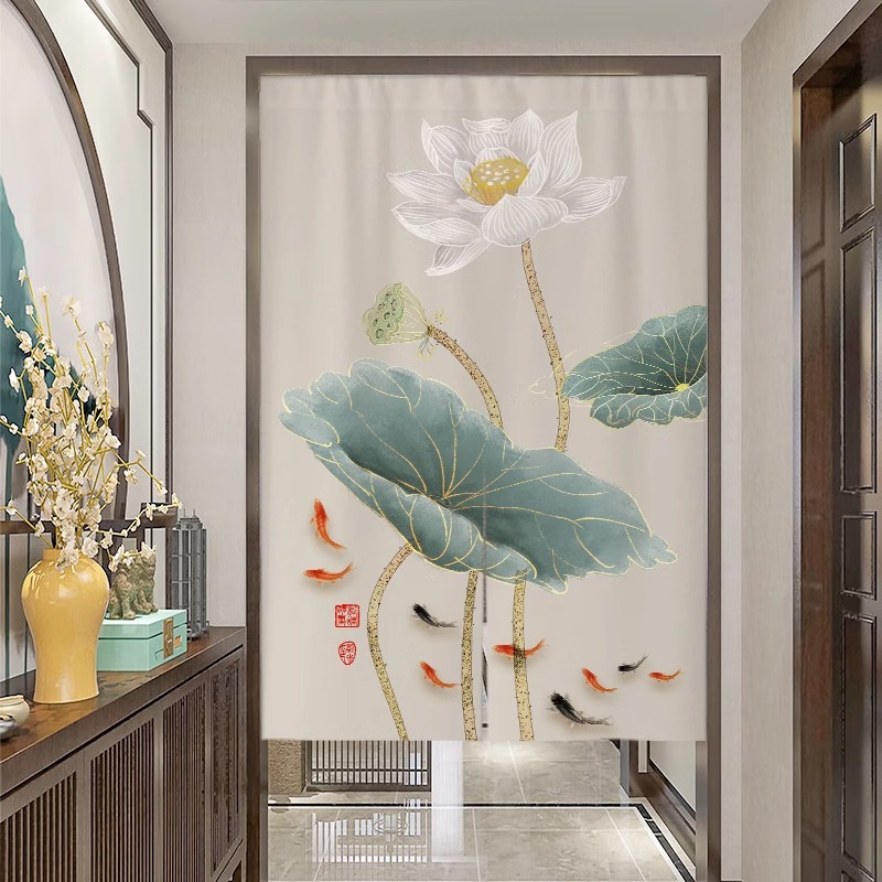 Chinese-Style Lotus Door Curtain for Bedroom, Toilet, Door-To-Door Partition, Hanging Curtain for Kitchen and Bathroom