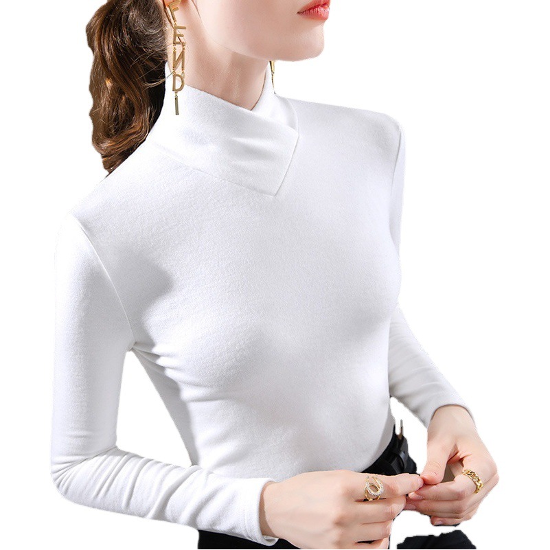 Camiseta DeRong para mujer, estilo nuevo otoño-invierno 2024, top con cuello en V superpuesto, camiseta cálida de manga larga, cuello en V versátil.