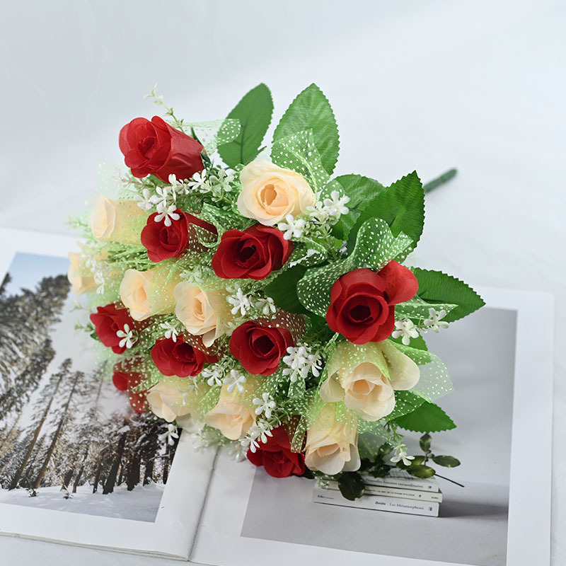 Fuente de fábrica de pantalla de fotos flores de simulación transfronteriza rosa 18 cabezas con hilo de cabeza plana decoración de bodas de hotel ramo de flores falsas