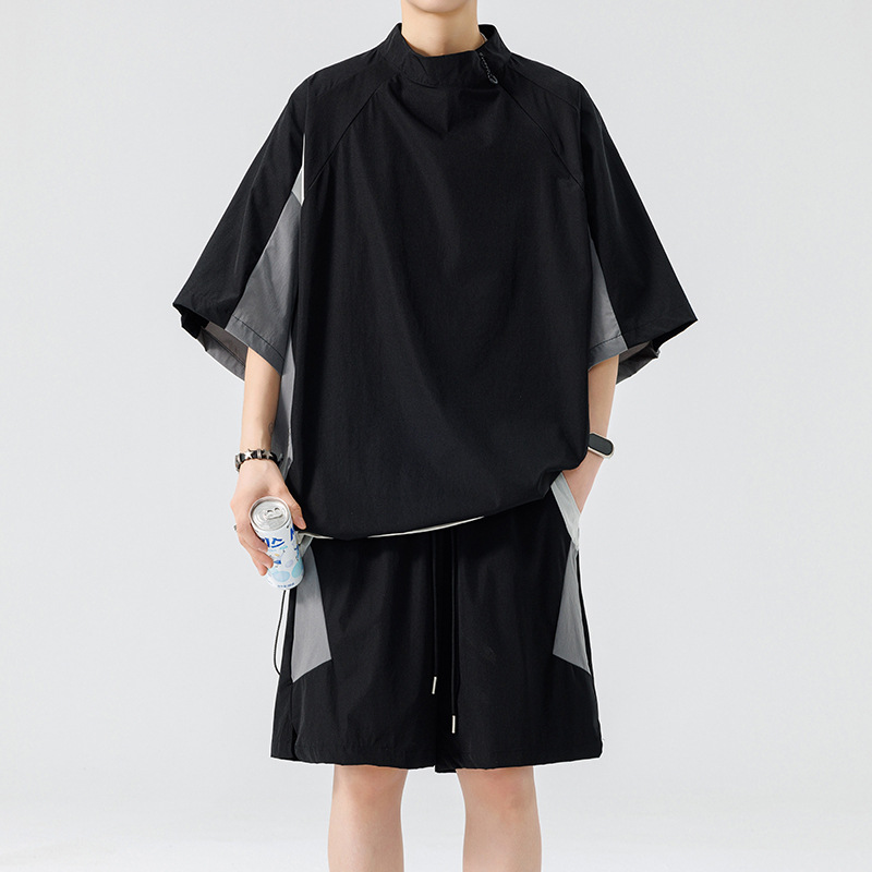 New nylon summer workwear color-blocked short-sleeved shorts two-piece set for outdoor vacation, men's and women's sports casual wear, sheer