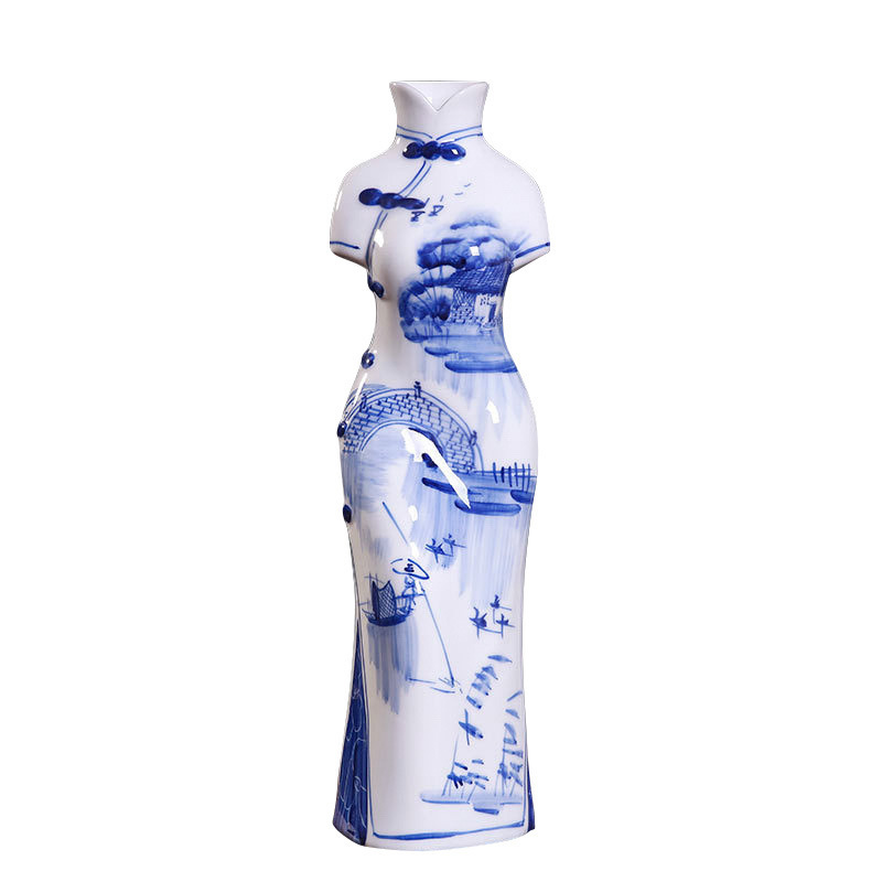 Porcelana Qinghua cheongsam personajes ornamentos Jingdezhen cerámica artesanía china ornamentos de sala de estar hechos a mano