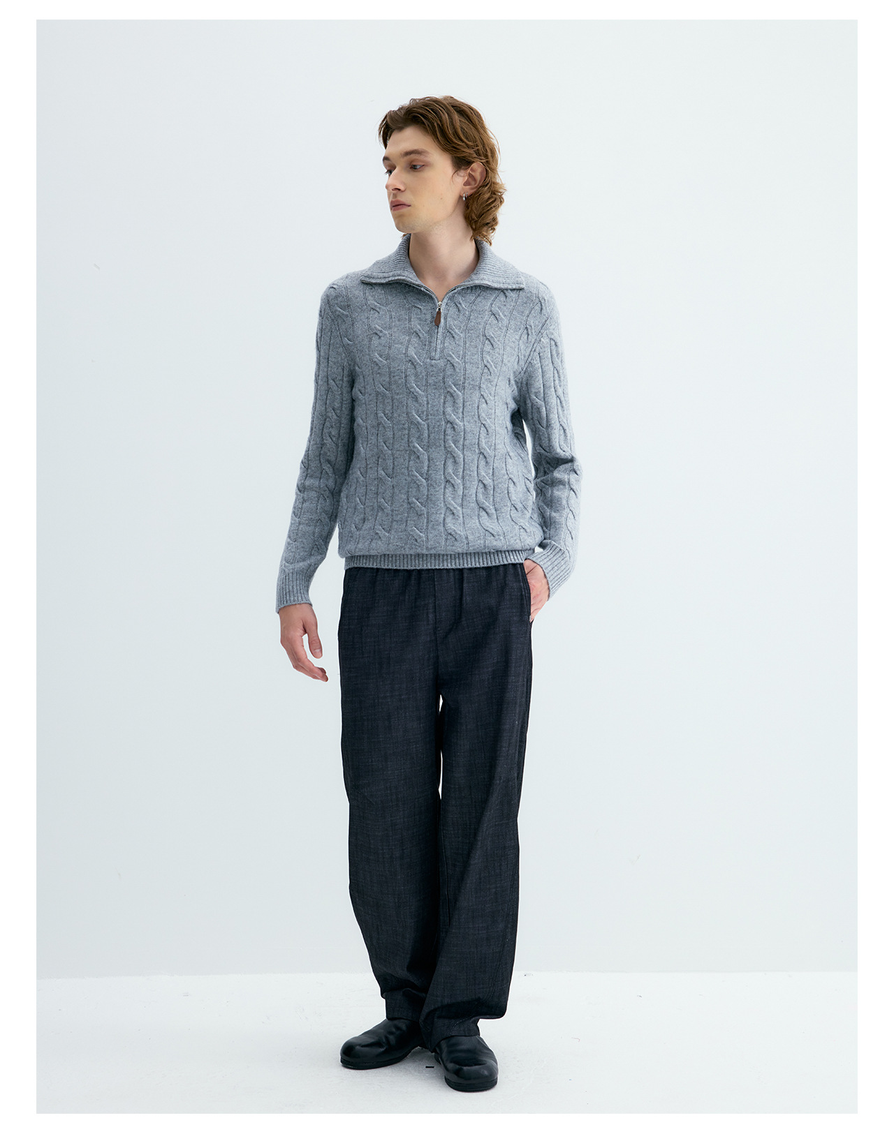 UNF 530g Cable-Knit Half-Zip Polo Sweater