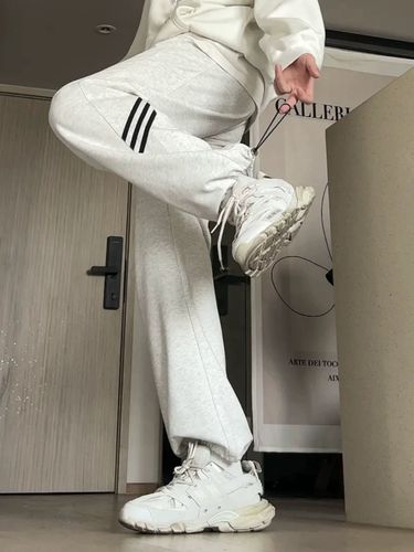 Spring and Autumn Loose and versatile straight-tied feet Gray Heavy Couple Pants Men's Drawstring Striped High Street Casual Sports Pants