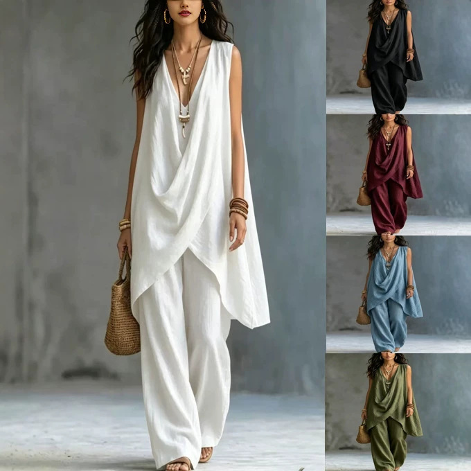 Women's Sleeveless Stand Collar Solid Color Cotton Linen Suit Elegant Loose Resort Style Spring Summer_ecoleips.com