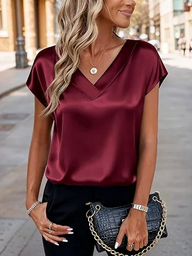 Amazon European and American Cross-Border Satin T-Shirt Spring and Summer Women's New Pure Color Business V Neck Casual Pullover Top for Women