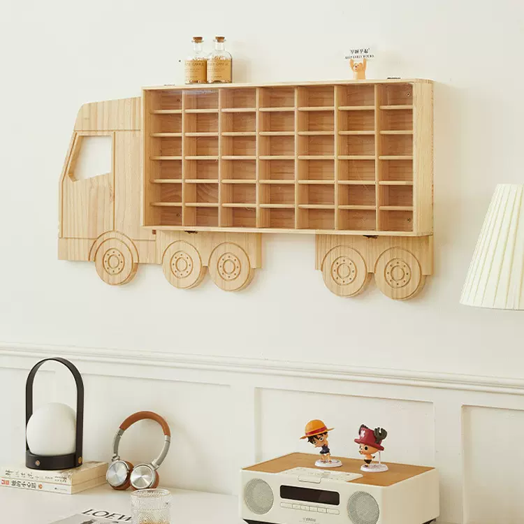 实木墙面壁挂式置物架卧室车型多格储物架手办车模玩具透明展示架