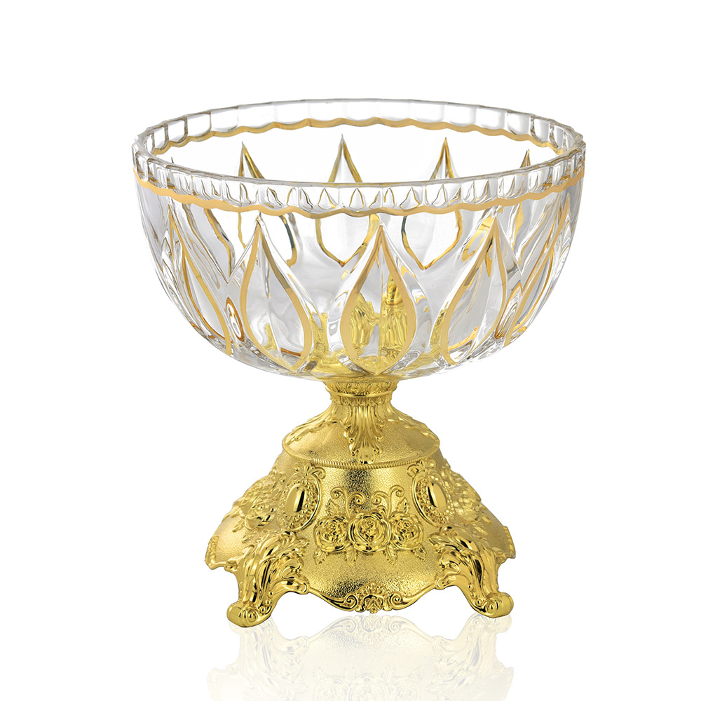 水滴花高脚描金果盘 欧式轻奢五金底座装饰摆件 描金玻璃制品特价