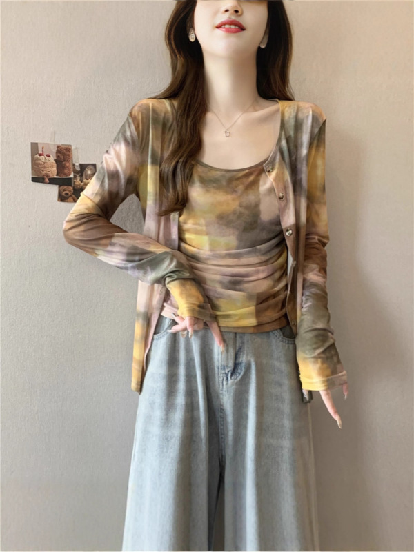大码女装秋装新款设计感时尚修身显瘦扎染吊带开衫两件套上衣|undefined