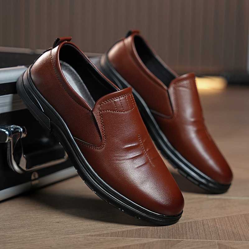 皮鞋新款男式正裝皮鞋冷粘休閒男士商務工作低幫一腳蹬防滑開車鞋