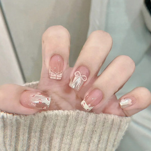 New Milky Little Leopard Print Bow Lace Gradient Gray Sweet and Cute 24-Piece Wearable Nail Patch