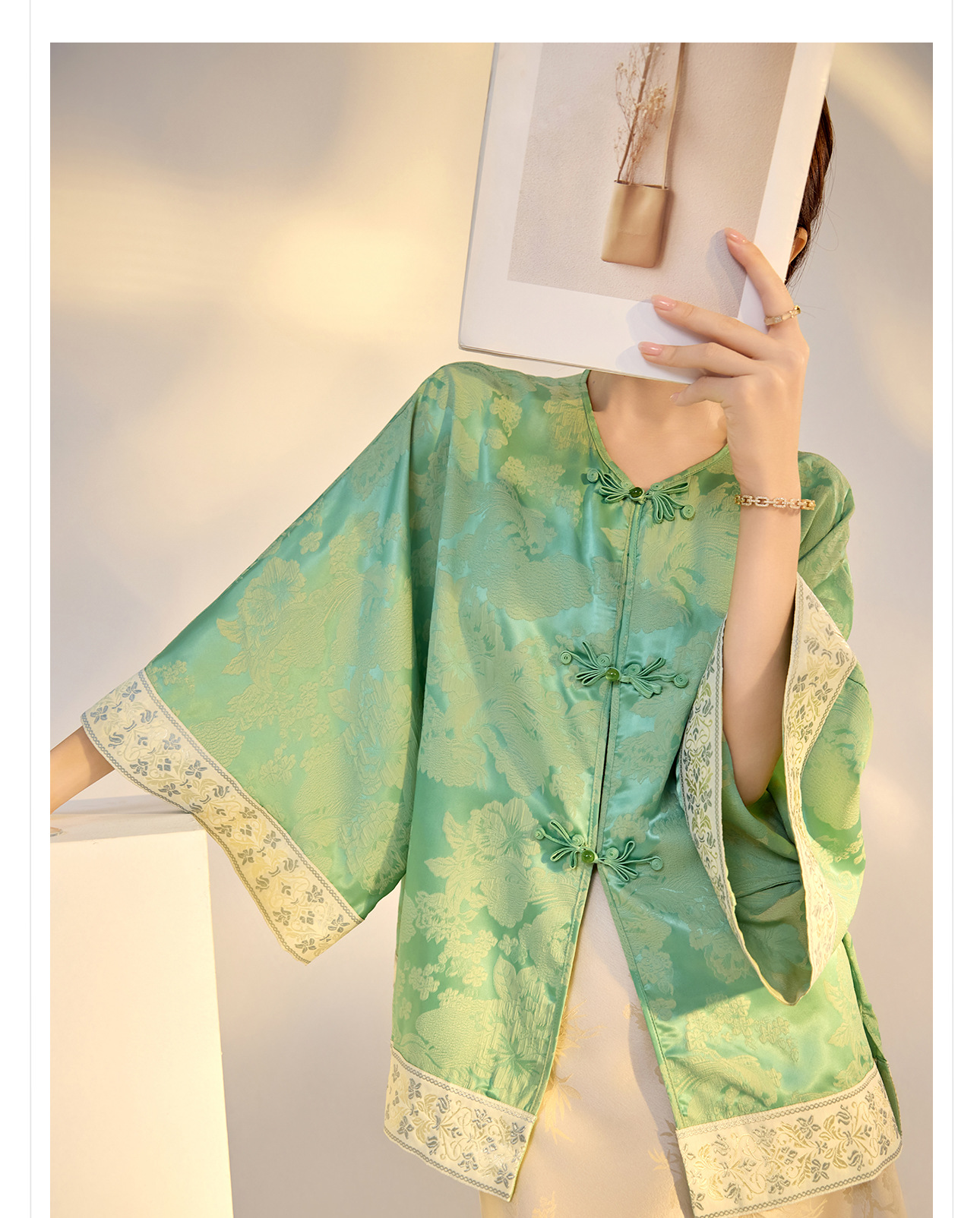 Áo sơ mi nam dài tay họa tiết in hình phong cách retro thanh lịch — Xanh lục chi tiết 8