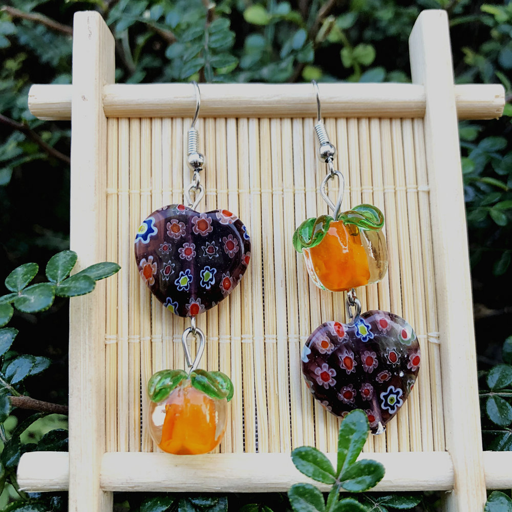 15g Weight Alloy Ear Needle Material Drop Earrings Classification 1 Pair Quantity Daily Occasion Glass, Metal Material Persimmon, Heart Shape, Flower Pattern All Seasons Season Women's Gender Polished Finish Asymmetrical Design Cute Style 1 Pair Cute Persimmon Heart Shape Flower Asymmetrical Glass Metal Drop Earrings 16