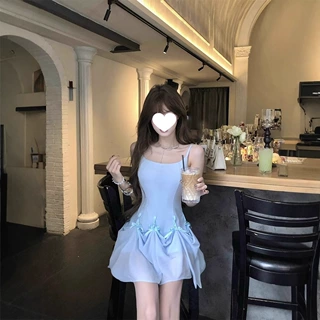 蓝色重工设计气质吊带连衣裙度假风气质甜美修身显瘦蝴蝶结连衣裙