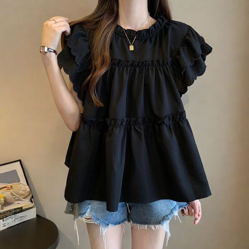 Design Sense Ruffled Loose Short-sleeved Shirt Women's Summer New French Sweet Small Shirt Belly-covering Slimming Top Design Sense Ruffled Loose Short-sleeved Shirt Women's Summer New French Sweet Small Shirt Belly-covering Slimming Top