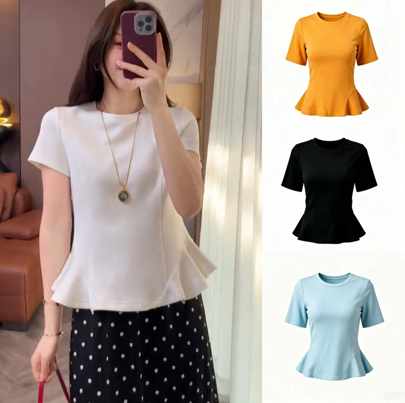 Pure Cotton Regular Shoulder 2026 Spring/Summer New Fashion Ruffled Short-Sleeve Top, Elegant and Age-Reducing Solid Color Top for Women Pure Cotton Regular Shoulder 2026 Spring/Summer New Fashion Ruffled Short-Sleeve Top, Elegant and Age-Reducing Solid Color Top for Women