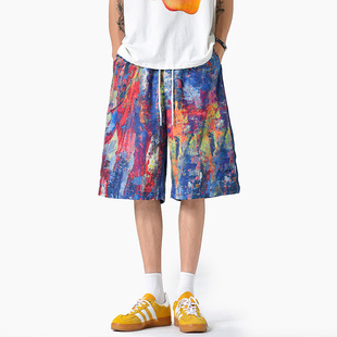 Cross-Border Summer New 3D Color Printing Niche Casual High-End Color Palette Splash Ink Oil Painting Loose Trendy Shorts