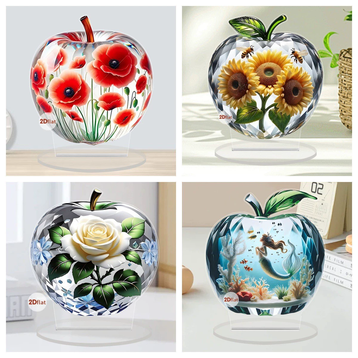 Новое летнее красно-белое розовое подсолнухово-яблочное 2D плоское акриловое украшение для дома, гостиной и рабочего стола