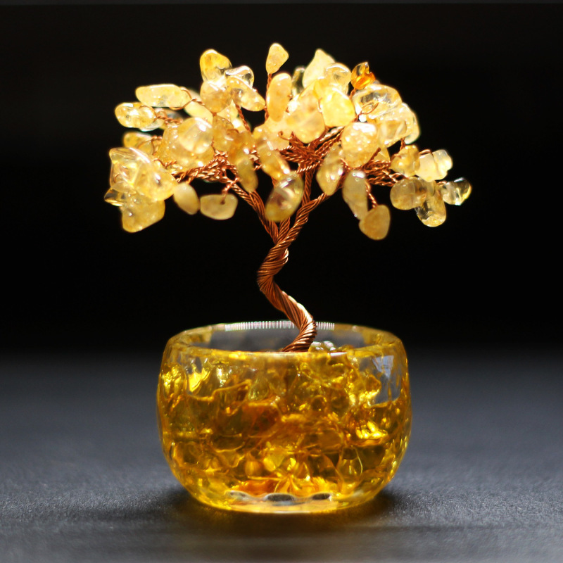 跨境爆款黄水晶树聚宝盆茶盏天然水晶碎石发财树手工创意家居装饰|undefined