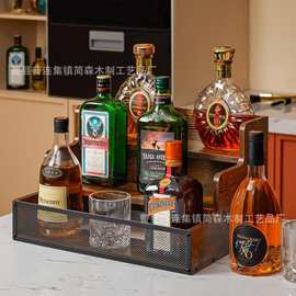 跨境木制置物架铁木结合阶梯式酒瓶收纳架酒吧展示架带栅栏家居复