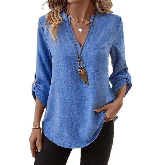 2025 Spring and Summer Amazon Independent Station European and American Foreign Trade New Women's Loose plus size V-neck Solid Color Short-sleeved T-shirt