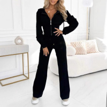 2024跨境独立站欧美外贸新款_秋冬连帽拉链夹克紧身纯色两件套