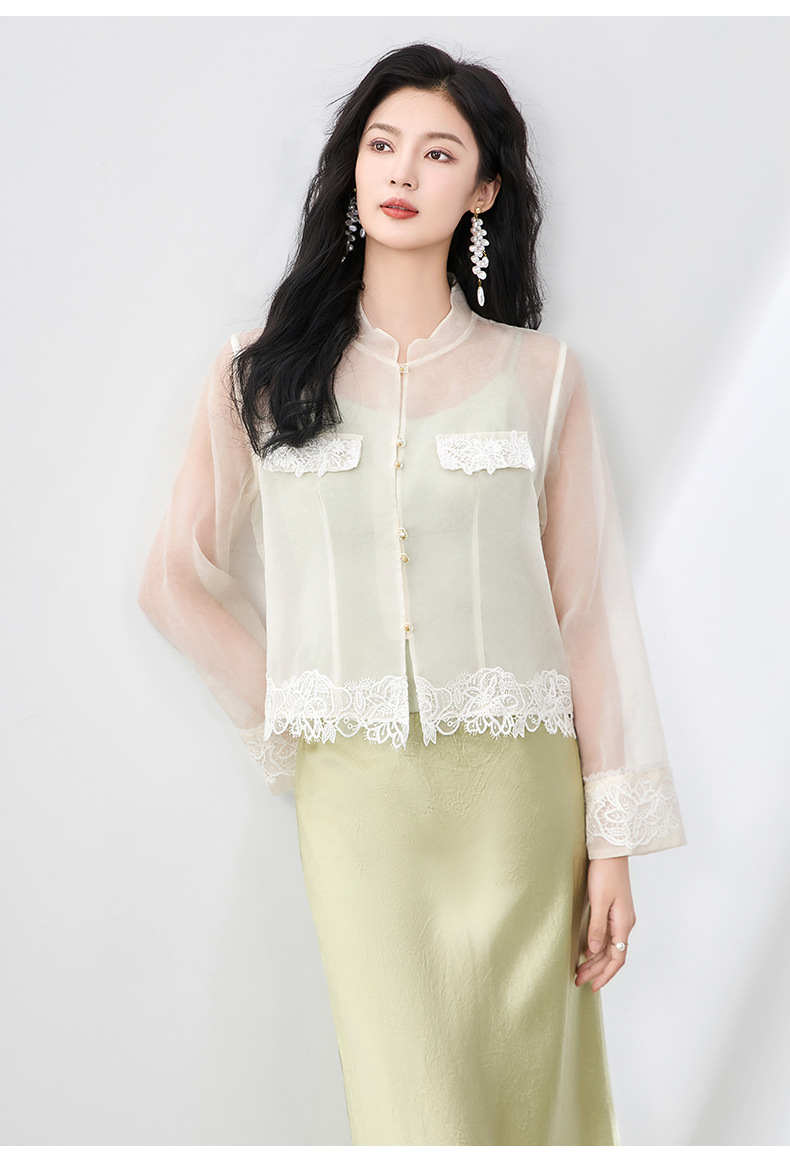 Áo sơ mi dài tay lụa organza cao cấp kiểu Trung Quốc mới mùa hè — Màu đen chi tiết 18