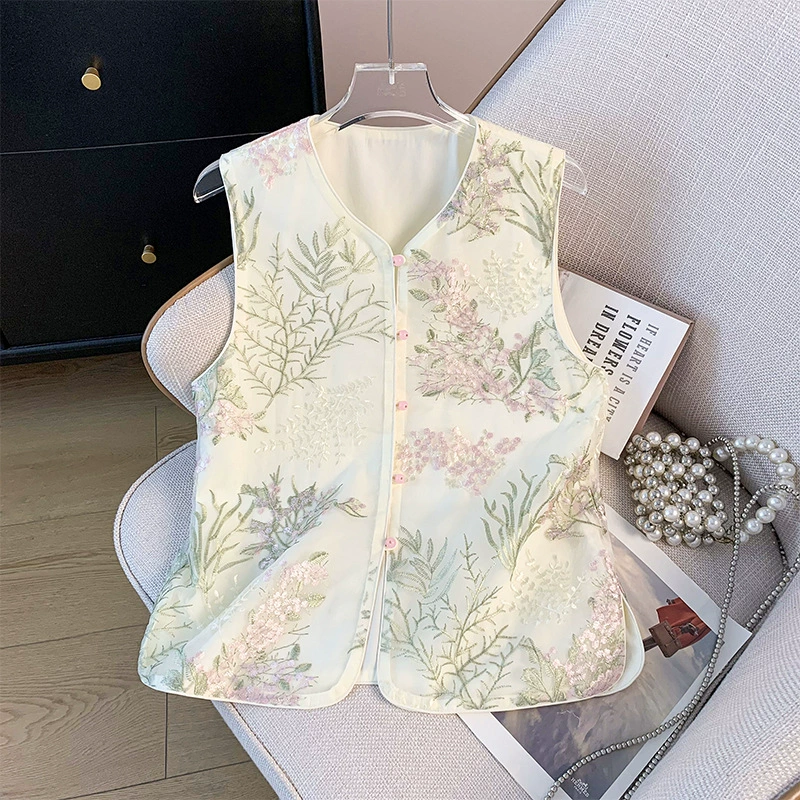 2025 лето новый ретро новый китайский стиль улучшенный жаккардовая вышивка V-образный вырез тонкий жакет куртка топ женский