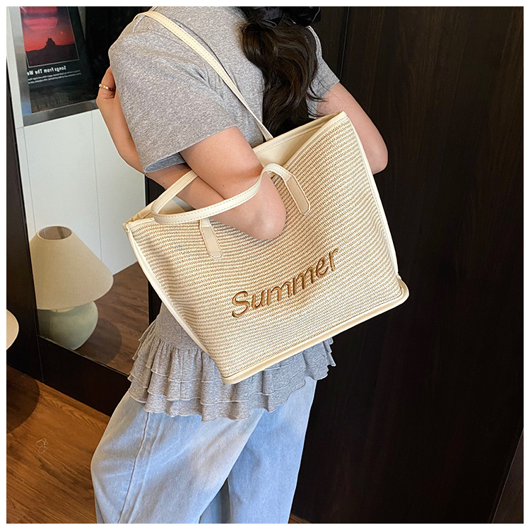 Straw woven letter large-capacity bag 2025 single-shoulder large bag for women, new beach woven summer Korean-style tote bag undefined