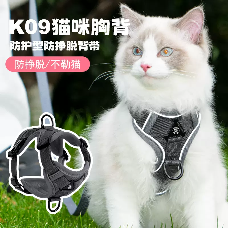 自动猫咪牵引绳外出背心式防脱布偶猫小猫反光条纹宠物牵引带
