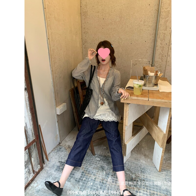 跨境PPHOME自制~森系少女 减龄穿搭格子边系带罩衫蕾丝吊带两|undefined