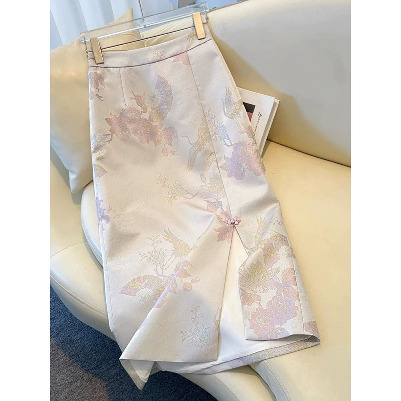 Вышитая юбка в китайском стиле для женщин, весна-лето 2025, новая юбка-трапеция в китайском стиле, утягивающая юбка средней длины