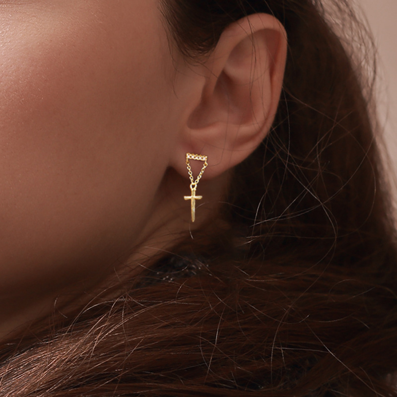 1 Pair Fashion Geometric Cross Sterling Silver Inlay Zircon Drop Earrings display picture 3