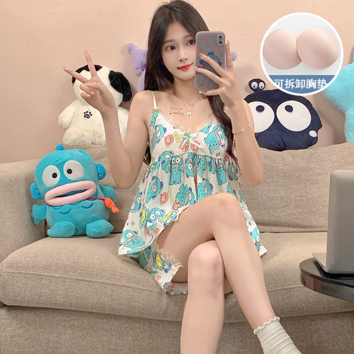 2024 verano nuevo pijama mujer tejido nubes de algodón cinturón cojín de pecho cabina niña dulce y fresco conjunto de ropa para el hogar