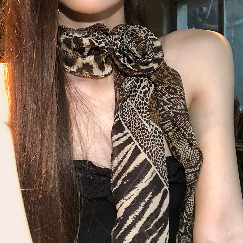 新款韩版飘带玫瑰花豹纹丝巾辣妹首饰发饰领巾女时尚美式复古装饰