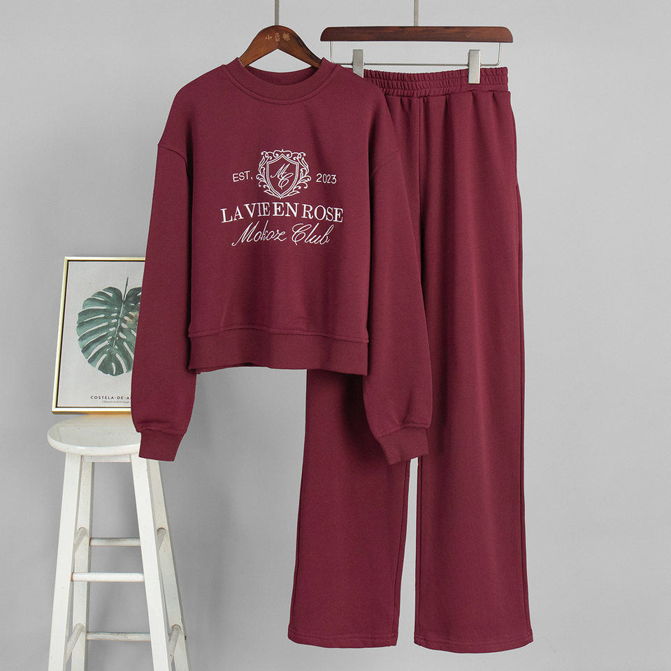 Bộ đôi áo nỉ thêu và quần dài nữ phong cách casual — Màu trắng nhạt, Màu xanh hải quân, màu xám, nâu sẫm chi tiết 9